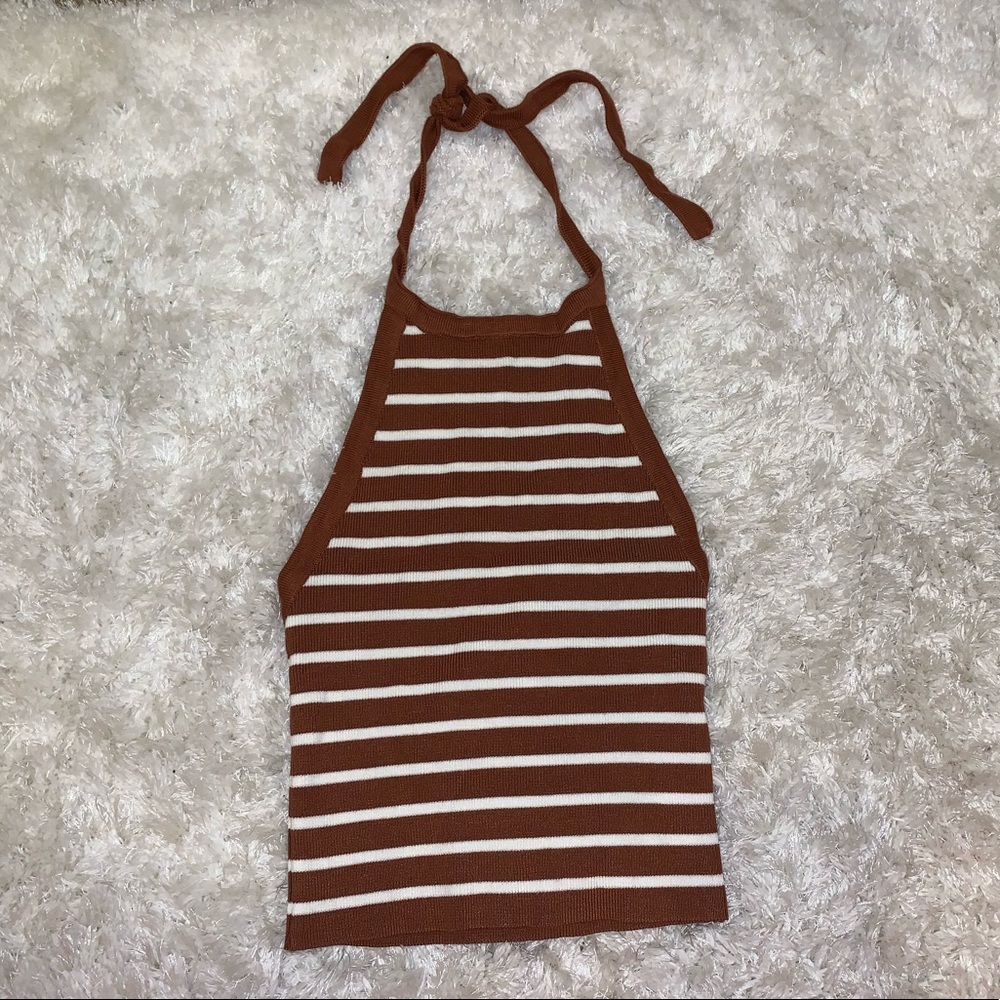 Tan and white striped open back halter top